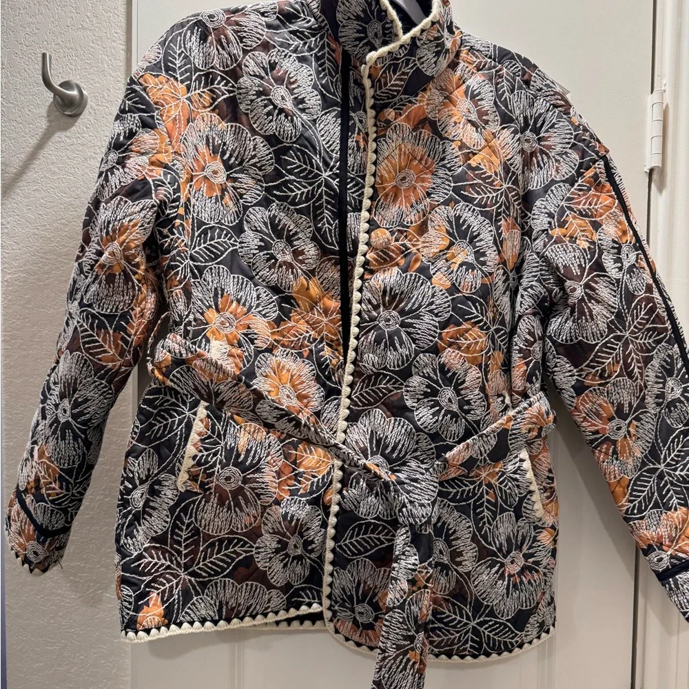 7 For All Mankind Floral Jacket - Black, White, and Orange - Picture 2 of 10